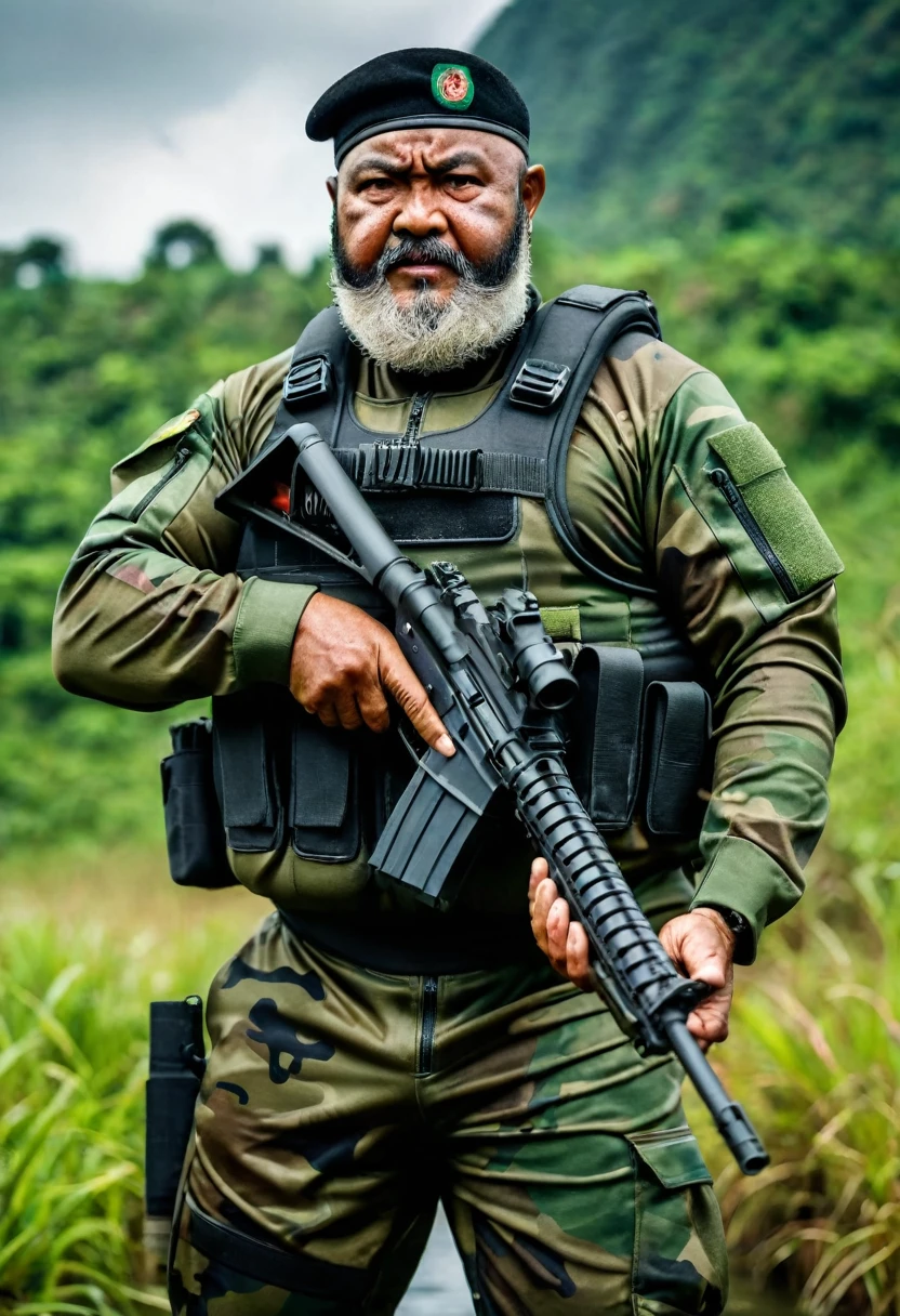 (a dark-skinned bearded fat old man in a bulky camouflage zipper diver suit) wearing army beret, shooting with a gun, muscular, Basuki Abdullah, sumatraism, action, a character portrait, heroic, fierce, angry