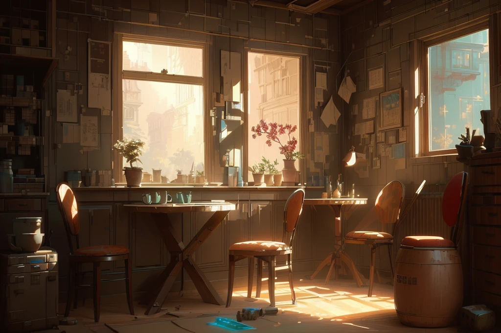 There is a room,There is a table and a chair inside, Relaxation concept art, Created by senior environment artists, Interior Background Art, Realistic concept art, Global Illumination. Visual effects, Global Illumination!! complex, Akihiko Yoshida. Unreal Engine, Realistic concept art, 高度Realistic concept art, Realistic afternoon lighting, Personal room background, Zootopia concept art