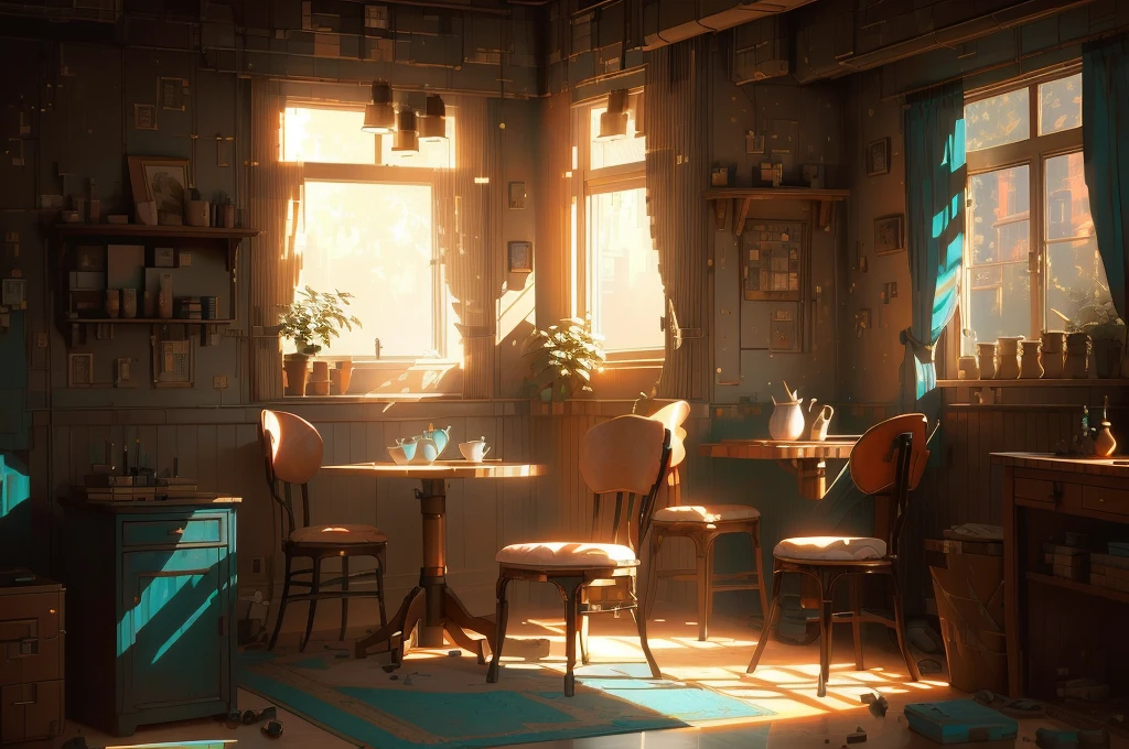 There is a room,There is a table and a chair inside, Relaxation concept art, Created by senior environment artists, Interior Background Art, Realistic concept art, Global Illumination. Visual effects, Global Illumination!! complex, Akihiko Yoshida. Unreal Engine, Realistic concept art, 高度Realistic concept art, Realistic afternoon lighting, Personal room background, Zootopia concept art