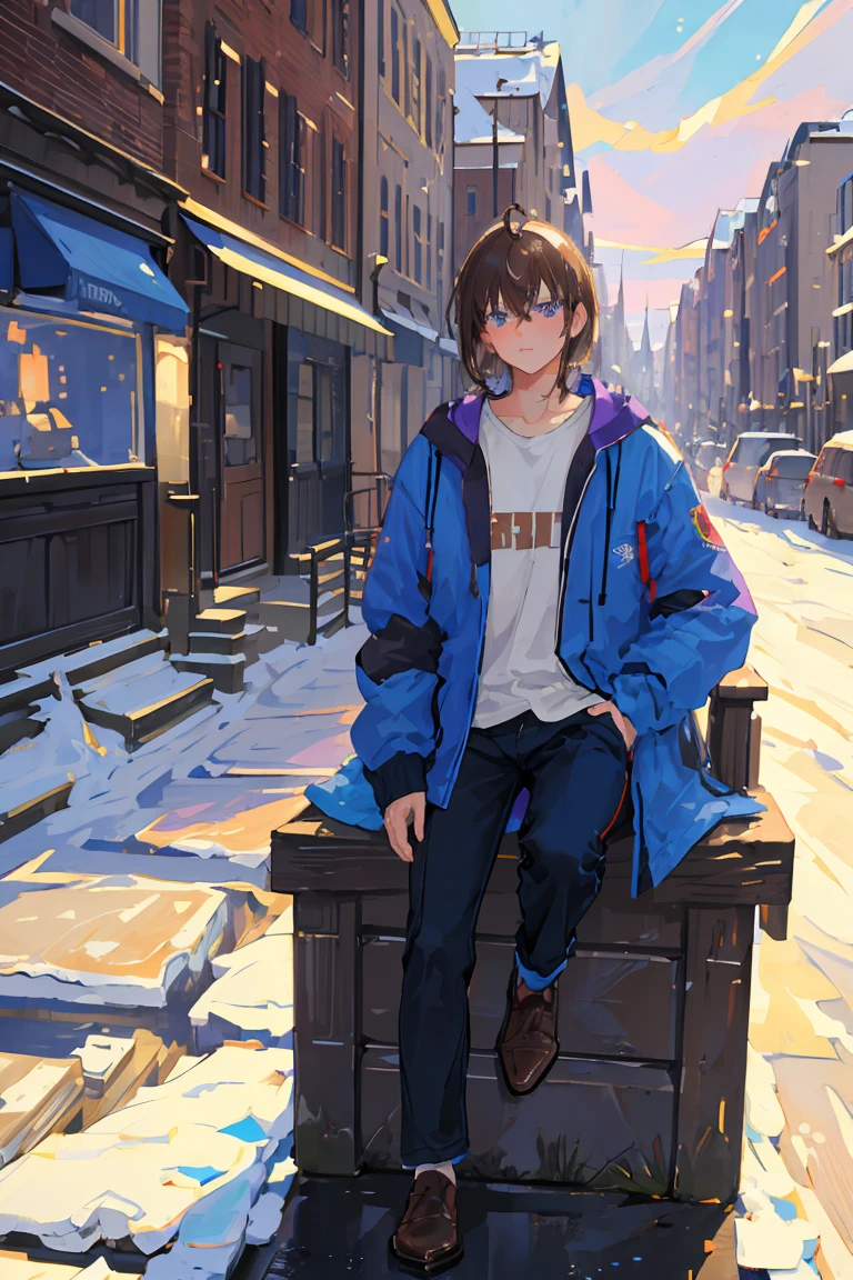 masterpiece, best quality, CG, wallpaper, HDR, high quality, high-definition, extremely detailed, 1boy, young, brown hair, blue coat, heterochromia, blue and purple eyes, white shirt, black pants, starry sky, snow peaks, causal clothes, horizon, twilight, sitting on doorstep, hands in pockets, cute