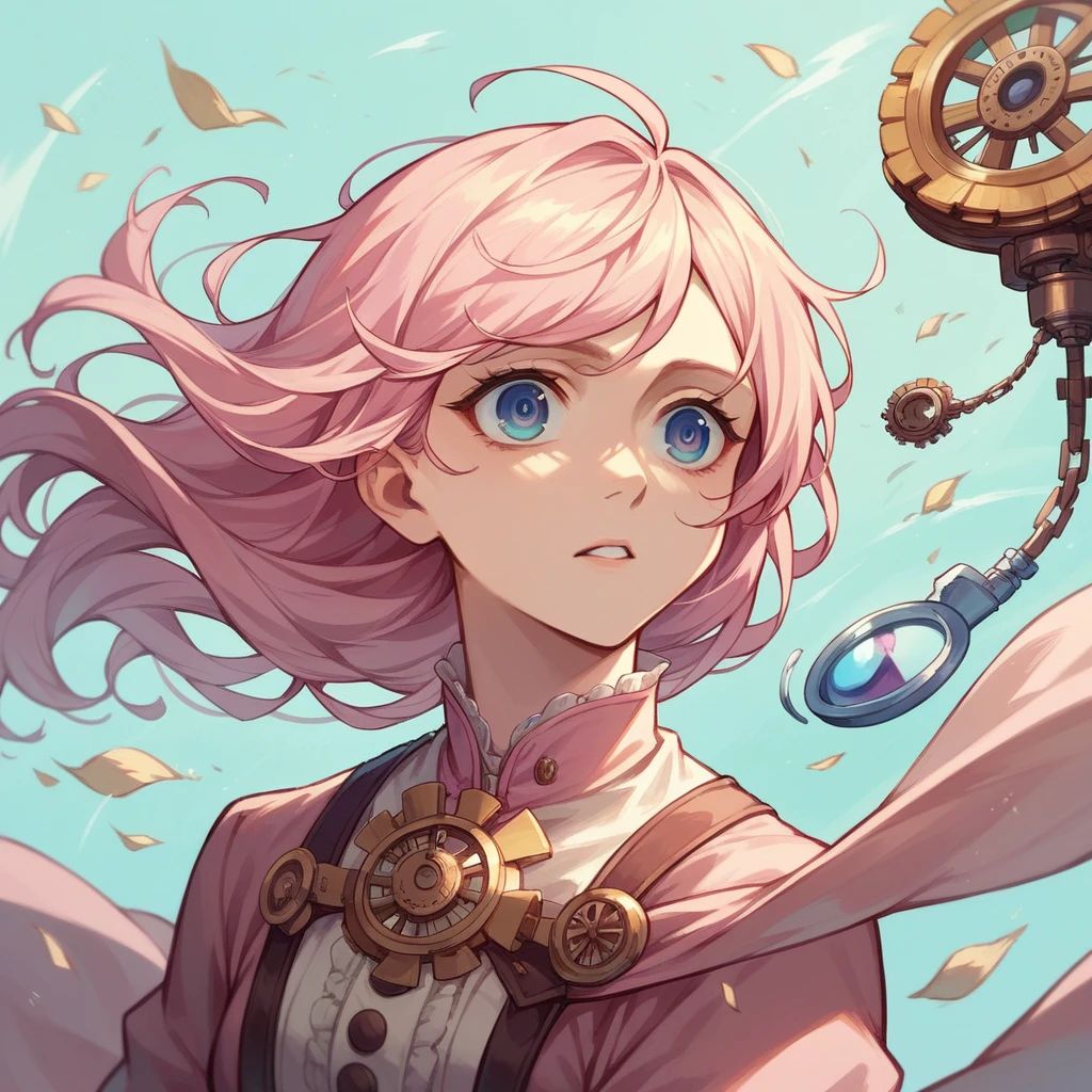 best quality, masterpiece, upper body, woman, blonde hair blown in the wind, shining eyes, steampunk nude style, thin clothes, pink clothes, pink hair
