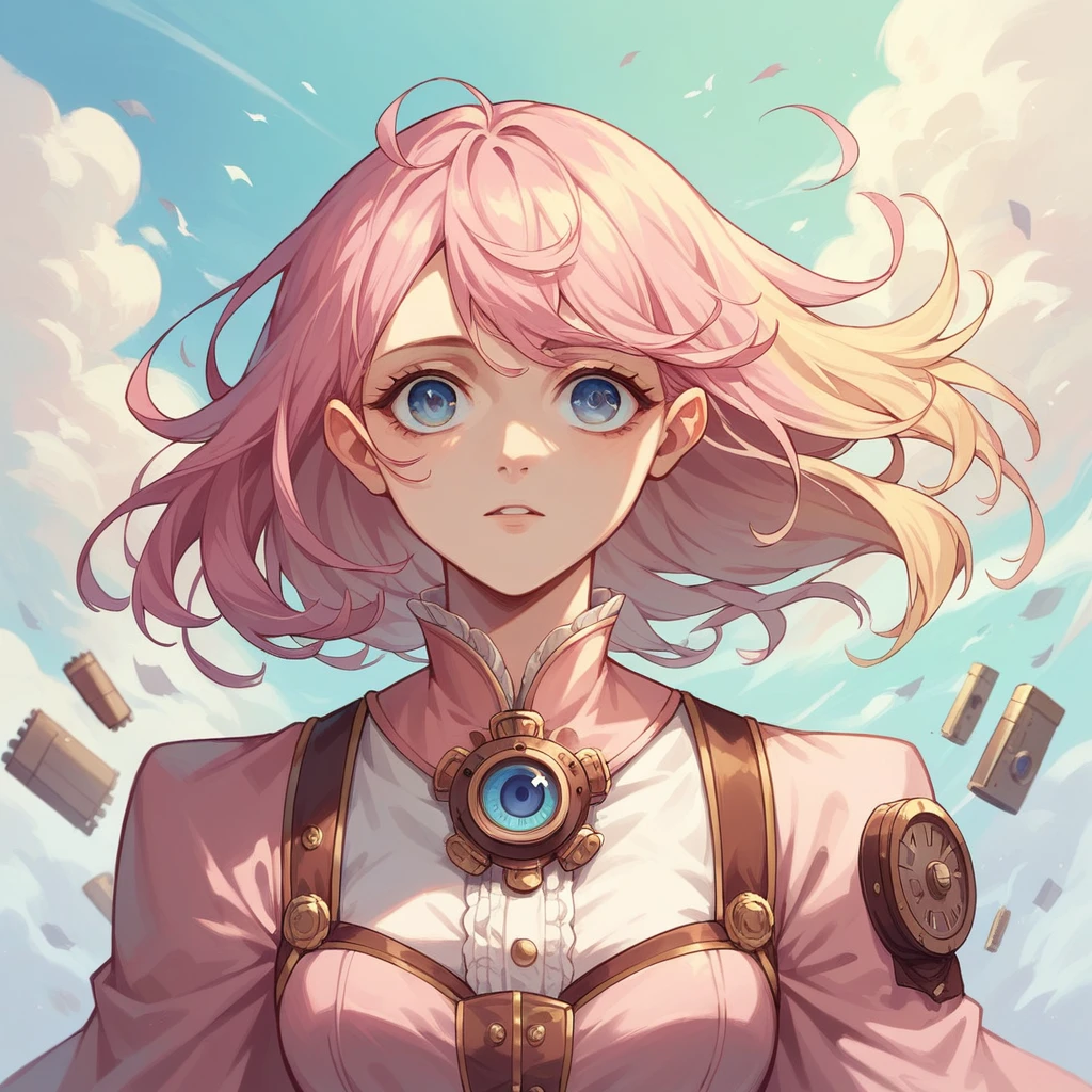 best quality, masterpiece, upper body, woman, blonde hair blown in the wind, shining eyes, steampunk nude style, thin clothes, pink clothes, pink hair