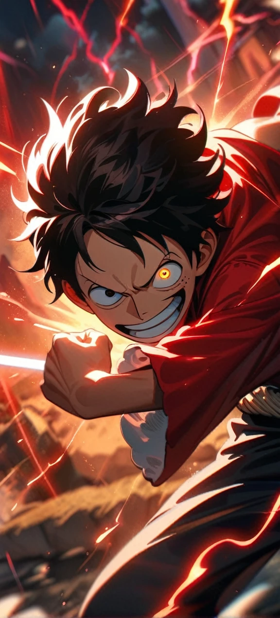  High quality, ,absurdres, highres, ultra detailed, HDR, masterpiece, extremely detailed face and eyes,  Luffy , One Piece,, Black hair ,red shirt, solo, ,man, handsome, ,, Epic fight scene, red splashing effect,red lightning  effect,glowing glitters , full effect, symetrical , close up
