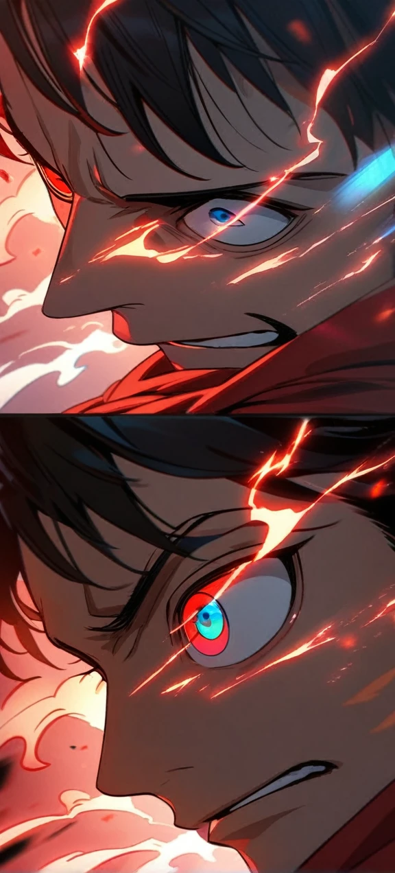 High quality, ,absurdres, highres, ultra detailed, HDR, masterpiece, extremely detailed face and eyes, Luffy , One Piece,, Black hair ,red shirt, solo, ,man, handsome, ,, Epic fight scene, red splashing effect,red lightning effect,glowing glitters , full effect, symetrical , close up
