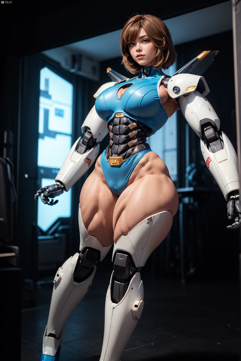 (Muscular:1.8), (thick thighs:1.5), (wide :1.5), (large muscular  and shoulders:1.4), FEMALE, brown hair, long brown hair, (big smile:0), (cute slim mecha torso from the future:1.5), looking at viewer, (three quarter view:1.1), upper body view, (dark room:1.5), dark lighting, detailed skin, detailed eyes, (dark skin:1.), (very thin waist:1.3), (huge round muscles:1.4),