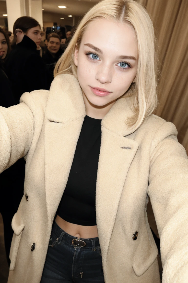 a sexy (young:1.3) girl, selfie, coat, fashion, fashion blonde hair, selfie