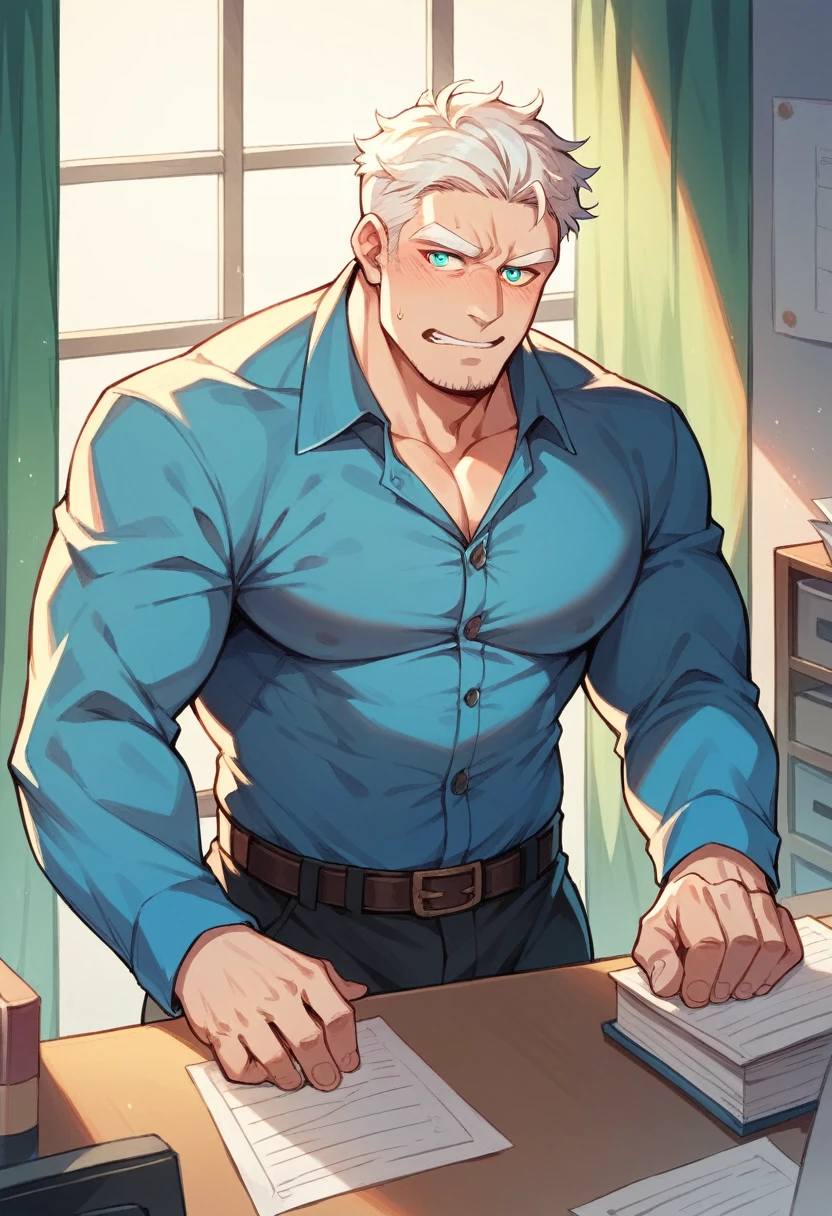 panda,personification,Mature male,Strong Man,Enthusiastic expression,Cyan pupils,White eyebrows,office。