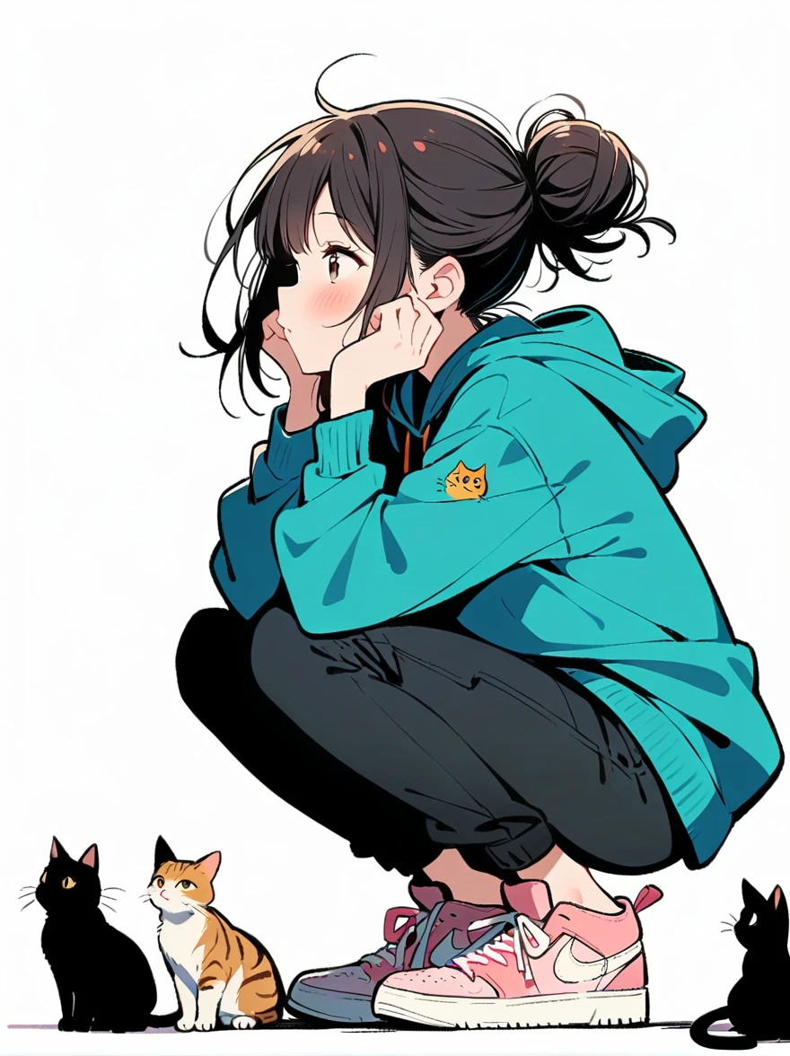 1girl, blush, black hair, long sleeves, brown eyes, shoes, pants, hood, hair bun, from side, hoodie, profile, animal, black pants, squatting, single hair bun, cat, hood down, sneakers, pink footwear, hands on own face, hands on own cheeks, blue hoodie