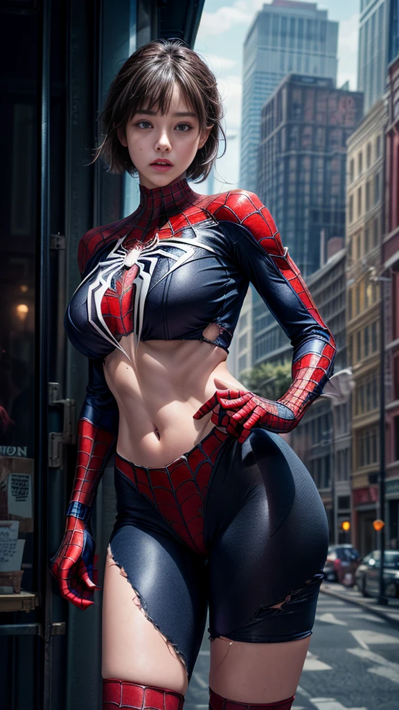 nsfw:1.55、((Cowboy Shot))、Mature Woman、(masterpiece, Highest quality), Intricate details, 8K, 1 Girl,((blunt bangs))、 Black Hair,((Ultra-detailed Spiderman suit)),Skyscraper, city, building,street,((Delicate painting))，(Detailed RAW photos of girls), (Pieces fly:1.25), (Highest quality:1.6), (Ultra-high resolution:1.5), (Photorealistic:1.75), 8K resolution, Canon EOS R5, 50mm, Confused, Very detailed,Cinema Lighting、(((Super big breasts)))、Leg spread、The abdomen is visible、((Separate suits))、Ultra-delicate and detailed spider knee-high socks、Sexy pose、Ultra-detailed Spiderman bikini、(((Ripped and tattered suit:1.1)))