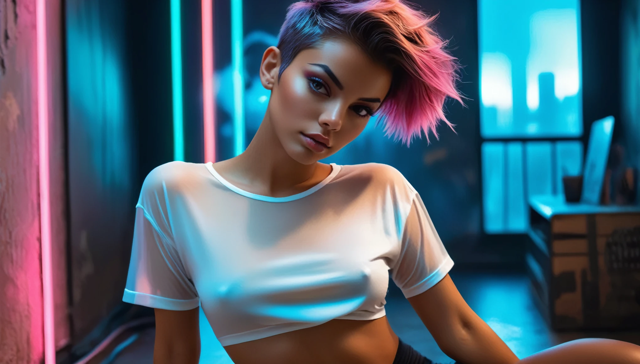 Top Quality, Masterpiece, High Resolution, 8k, (((tanned girl in oversized silky see-through tshirt and leggings, wide neckline, deep neckline, bare belly, small perky breasts, beautiful detailed eyes, beautiful detailed lips, small closed mouth, extremely detailed face, short pixie asymmetrical hair, small hips))), cyberpunk apartment, moody atmosphere, dramatic and neon colors, futuristic setting, intricate details, at night, full body shot, view from distance