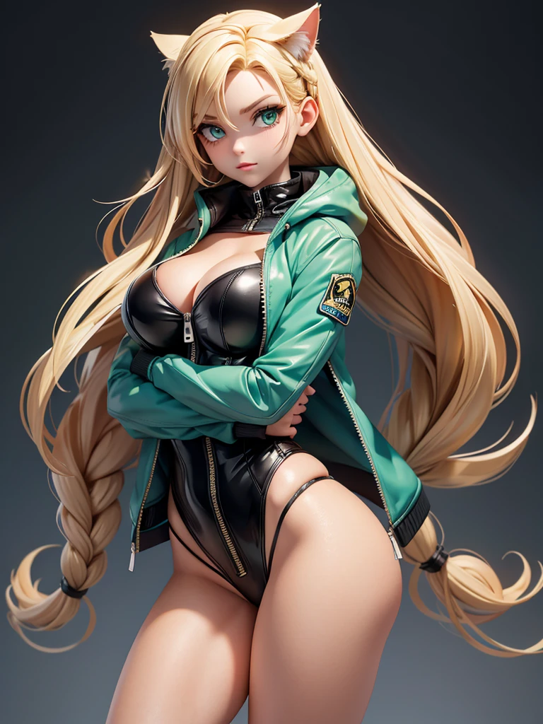 a tall female of curvaceous and well-endowed frame. She has olive skin, aqua green eyes, thick eyelashes, and short golden blonde hair; which she usually keeps messy with three braided locks. She wears a jacket with a high collar, which covers the lower part of her face downward, while baring a good portion of the lower half of her large breasts. The jacket has a zipper running along its entire length, which is opened from the bottom upwards. It has a beige air filter on either side just below the trim. The jacket's sleeves completely envelop her arms, terminating in black glove-like extensions at her extremities, resembling the appearance of a cat's paw.