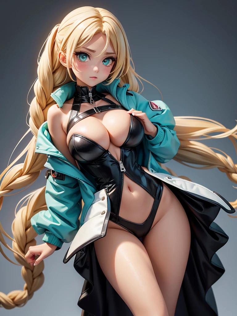 a tall female of curvaceous and well-endowed frame. She has olive skin, aqua green eyes, thick eyelashes, and short golden blonde hair; which she usually keeps messy with three braided locks. She wears a jacket with a high collar, which covers the lower part of her face downward, while baring a good portion of the lower half of her large breasts. The jacket has a zipper running along its entire length, which is opened from the bottom upwards. It has a beige air filter on either side just below the trim. The jacket's sleeves completely envelop her arms, terminating in black glove-like extensions at her extremities, resembling the appearance of a cat's paw.