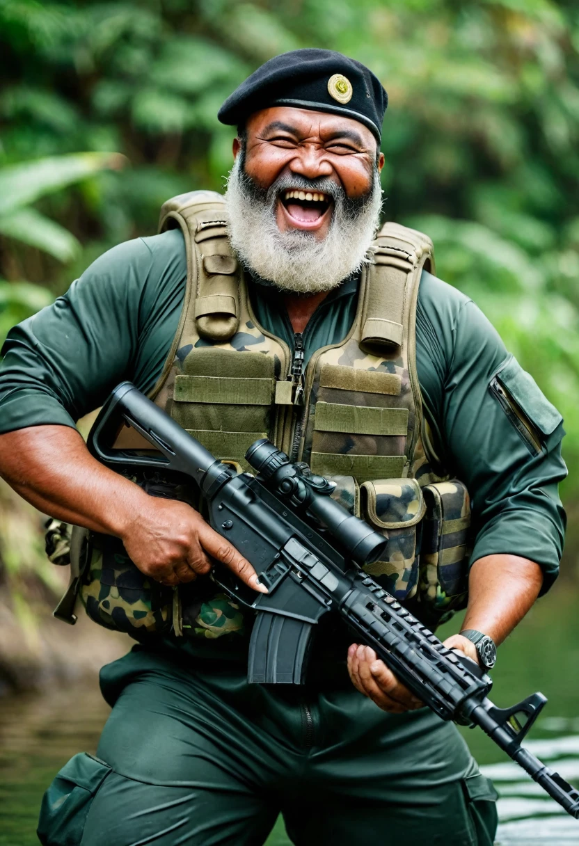 (a dark-skinned bearded fat old man in a bulky camouflage zipper diver suit) wearing army beret, shooting with a gun, muscular, Basuki Abdullah, sumatraism, action, a character portrait, heroic, fierce, laughing