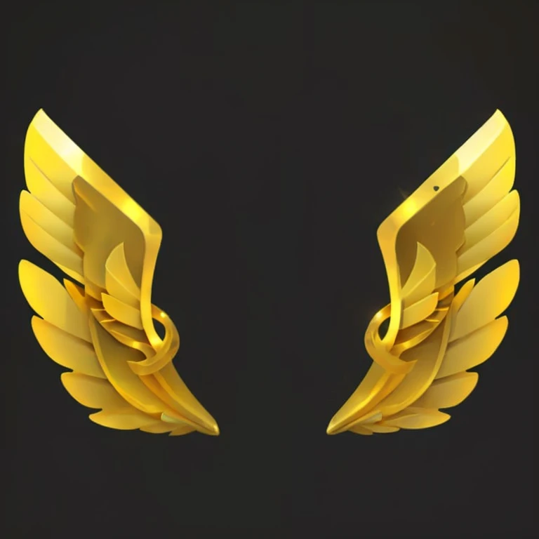 a close up of a pair of gold wings on a black background, gold wings, Golden Wings, gold wings on head, Metal Wings, Gold element, 2 chicken wings, Symmetrical wings, Mecha Wings, 3d icons for mobile games, golden shapes, Golden Shoulders, Symmetrical Wing, 黄Gold element, golden pommel, Gold and silver shapes