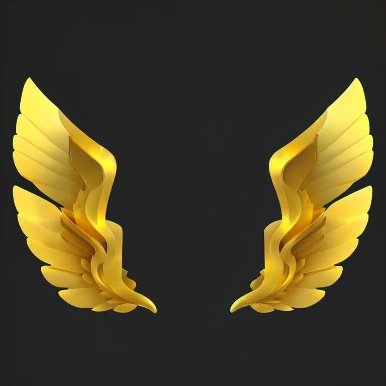a close up of a pair of gold wings on a black background, gold wings, Golden Wings, gold wings on head, Metal Wings, Gold element, 2 chicken wings, Symmetrical wings, Mecha Wings, 3d icons for mobile games, golden shapes, Golden Shoulders, Symmetrical Wing, 黄Gold element, golden pommel, Gold and silver shapes