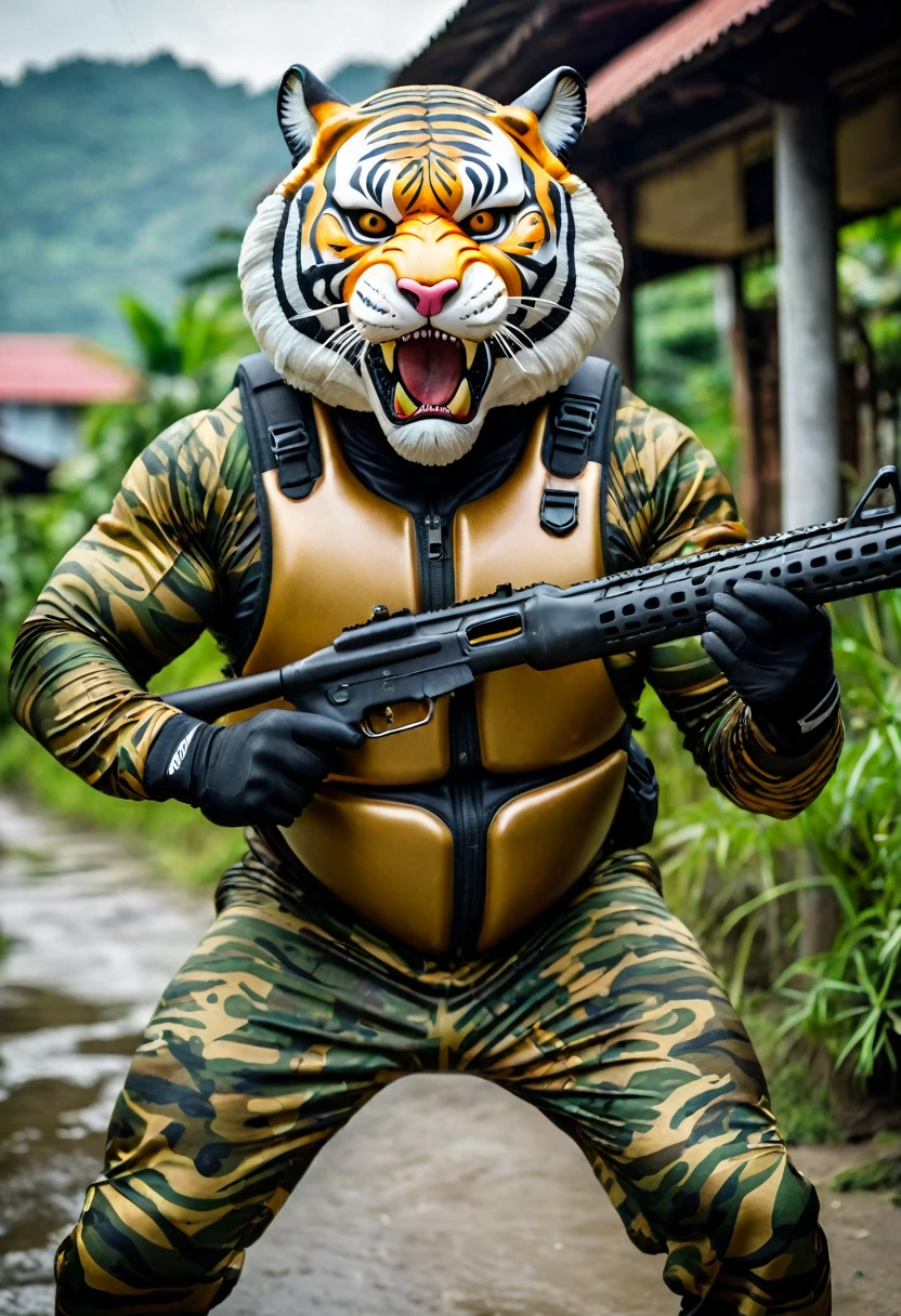 (a dark-skinned fat muscular old man in a bulky camouflage zipper diver suit) shooting with a rifle and (wearing realistic roaring siberian tiger mask), muscular, Basuki Abdullah, sumatraism, action, a character portrait, heroic, fierce, snarling