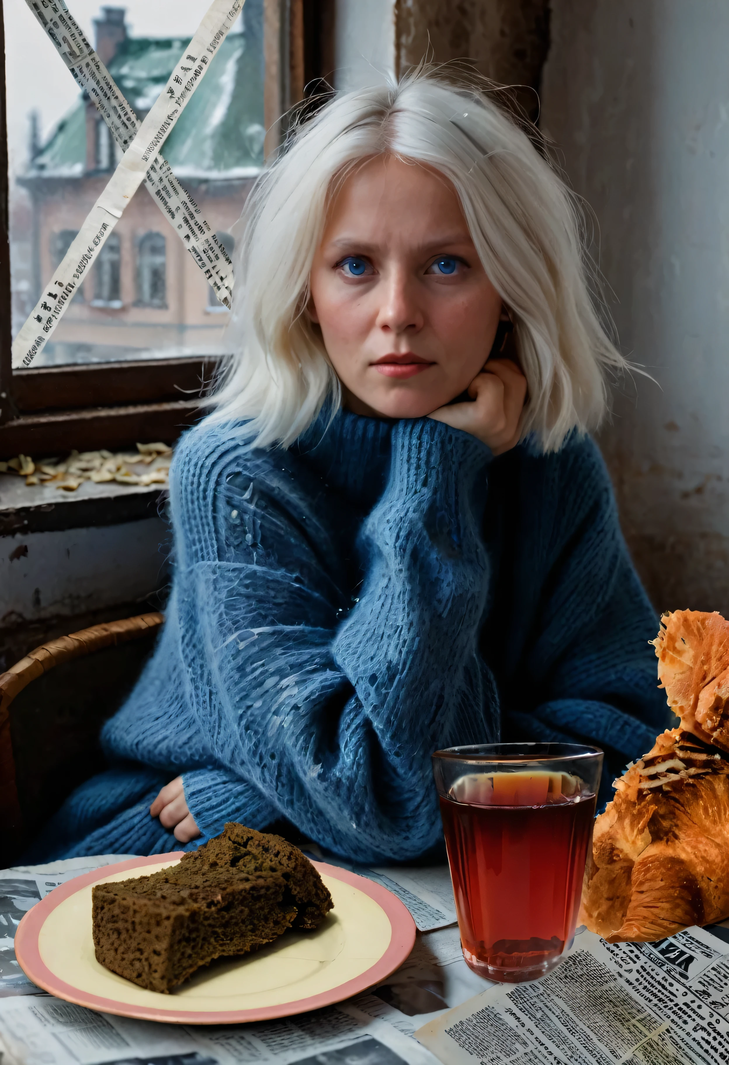 at the table sits a girl with white hair, in a large oversized jumper, in big blue eyes tears, on the table there is a glass with tea of cloudy colour, there is (((small crust of bread))), in the background ((window taped with newspaper tapes cross on cross)), war, the siege of Leningrad, hunger, siege bread, in the style of Dmitry Buchkin, Frolova Anastasia, Frolova-Bagreeva.