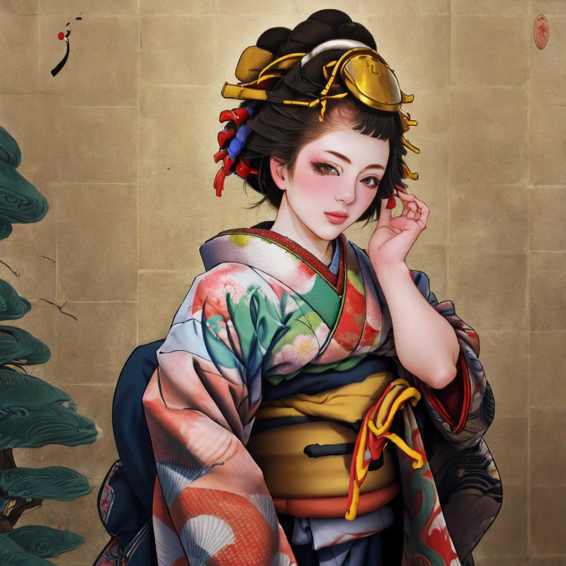 1 Girl, alone, Oiran, Maiko, country, Looking at the audience, short hair, Brown eyes, Brown Hair, Black Hair, hair ornaments, Upper Body, kimono, Blunt bangs, kimono, sash, Compensate, Bob cut hair,