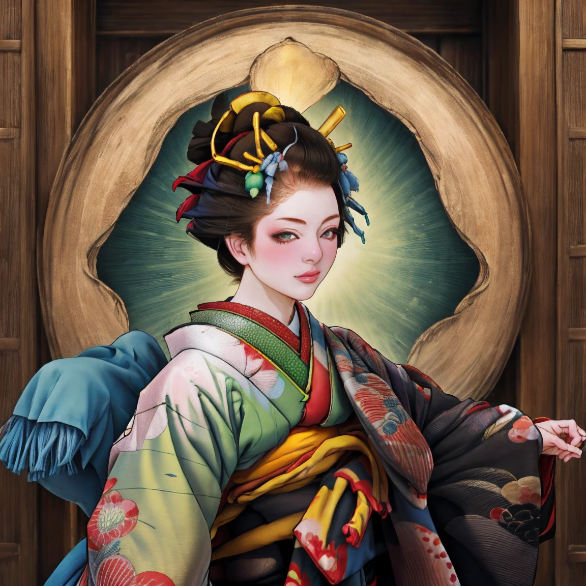 1 Girl, alone, Oiran, Maiko, country, Looking at the audience, short hair, Brown eyes, Brown Hair, Black Hair, hair ornaments, Upper Body, kimono, Blunt bangs, kimono, sash, Compensate, Bob cut hair,