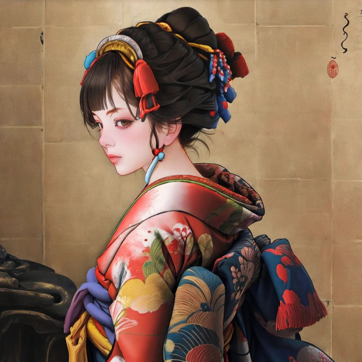 1 Girl, alone, Oiran, Maiko, country, Looking at the audience, short hair, Brown eyes, Brown Hair, Black Hair, hair ornaments, Upper Body, kimono, Blunt bangs, kimono, sash, Compensate, Bob cut hair,