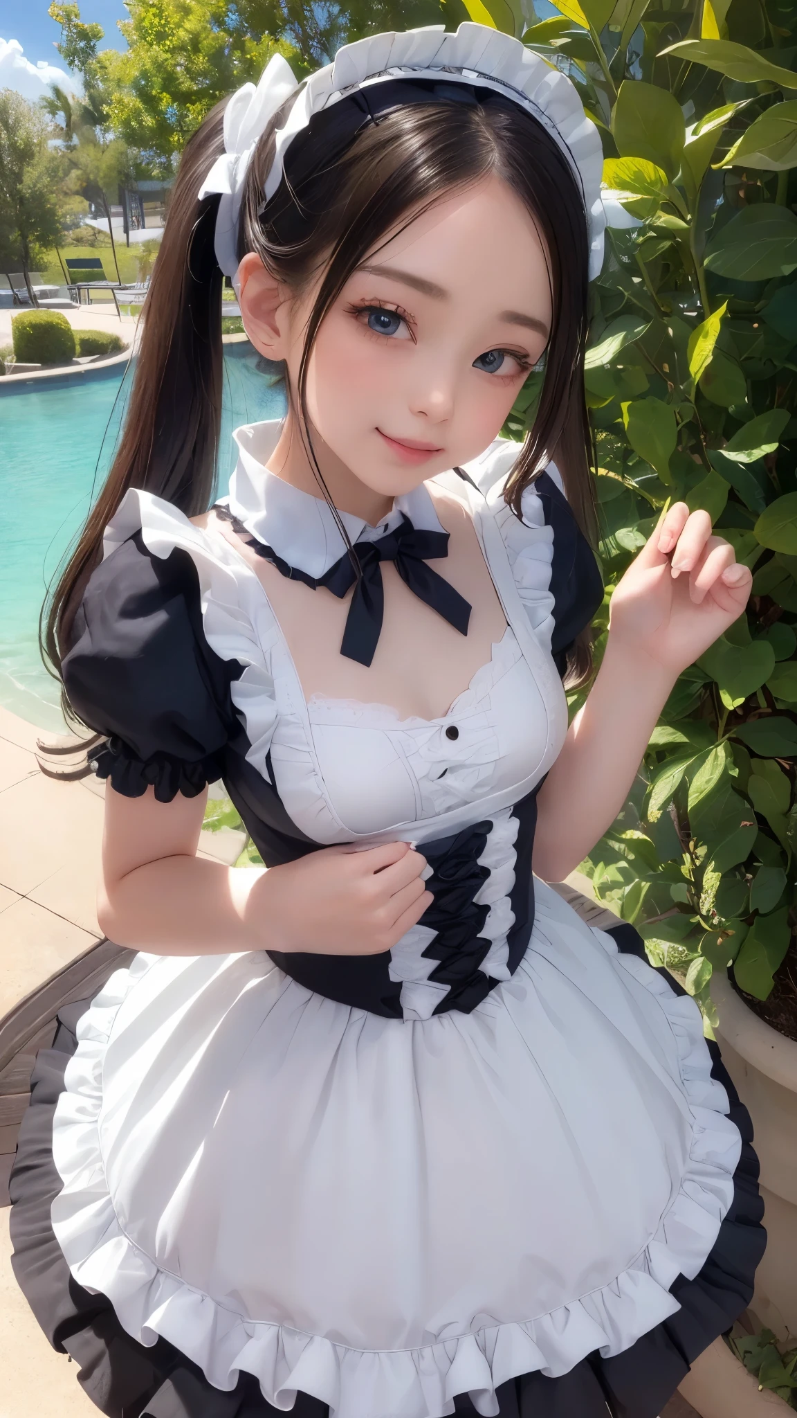 ((masterpiece)), ((highest quality、Ultra high definition)), (Very detailed),8K、Photo quality、((Amazingly cute girl)),( 14-year-old girl), Two people, , (Beautiful emerald blue eyes), ((smile)),In the open-air bath overlooking the sea, Beautifully arranged black hair in twin tails、whole body、((Super high-end white see-through summer gothic lolita maid costume、A super mini skirt with lots of frills))、Professional Lighting、(White lace knee-highore detailed and beautiful)、(More details and cutenesore realistic)、(((ウインクしている)))、