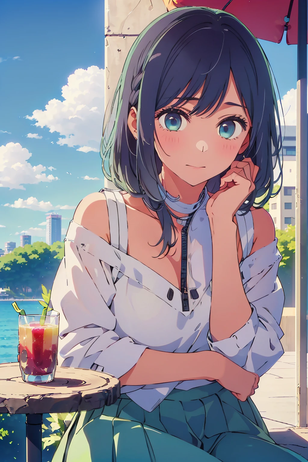 (Highest quality:1.4、8K:1.4、detailed)、F cup bust、Big Breasts、Slim body、Very white beautiful skin、((((1 person、Surprised expression、sit、Chair、In the background are the urban buildings of Tokyo、looking at the camera、Outdoor café terrace、Navy hair color、juice、table、Very cute face))))、((((nude、Areola))))、(Pose with hair tucked behind ears with both hands:1.4、Cheek resting on hand:1.4)、Off-the-shoulder black blouson with zipper、Very blue sky、A completely cloudless sky