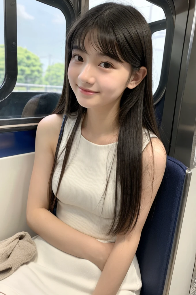 On the train, high school sophomore, sugar daddy, panties under the miniskirt are almost visible, ((full body)), ((photo)), ((best qualtiy, 8K, tmasterpiece:1.3)), Focus:1.2, perfect figure beautiful girl:1.4, 1girl, cowboy shot, look at viewer, eyes facing the camera, incredibly absurd, beautiful and cute girl with a photorealistic face, showcasing top-quality craftsmanship, Japanese girl sitting on a train seat late at night, 15 years old, long black hair, straight, see-through bangs, fair skin, large eyes with droopy eyes, jet black eyes, naturally thick eyebrows, long eyelashes, straight nose, thin lips, cute smile with upturned corners of the mouth, slightly sunken cheeks, small face, average build, delicate, slender, long fingers, long limbs, long nails, beautiful D-cup breasts, pale pink sleeveless top, white miniskirt, delicate strap sandals, silver necklace, scarf around neck, small shoulder bag, beautiful girl, ladylike, neat, gentle, laid-back, shy, well-bred, August