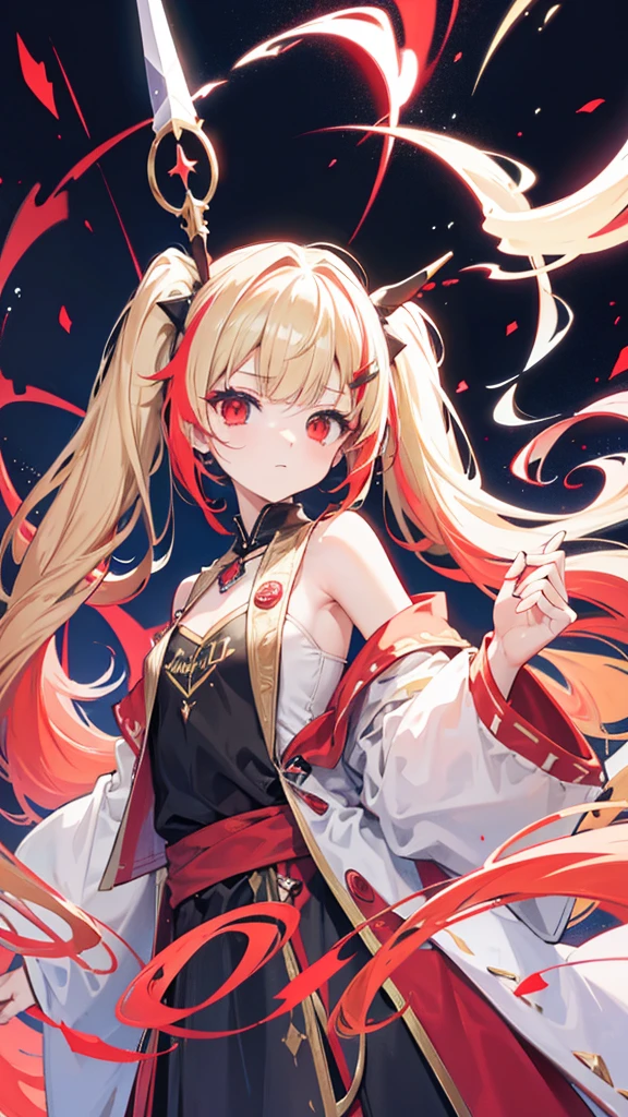 Hair colorbeige,Red Eye,Twin tails,Long Hair,Wizard,A magic wand longer than one's height,Expressionless,