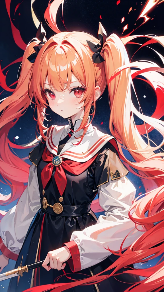 Hair colorbeige,Red Eye,Twin tails,Long Hair,Wizard,A magic wand longer than one&#39;s height,Expressionless,