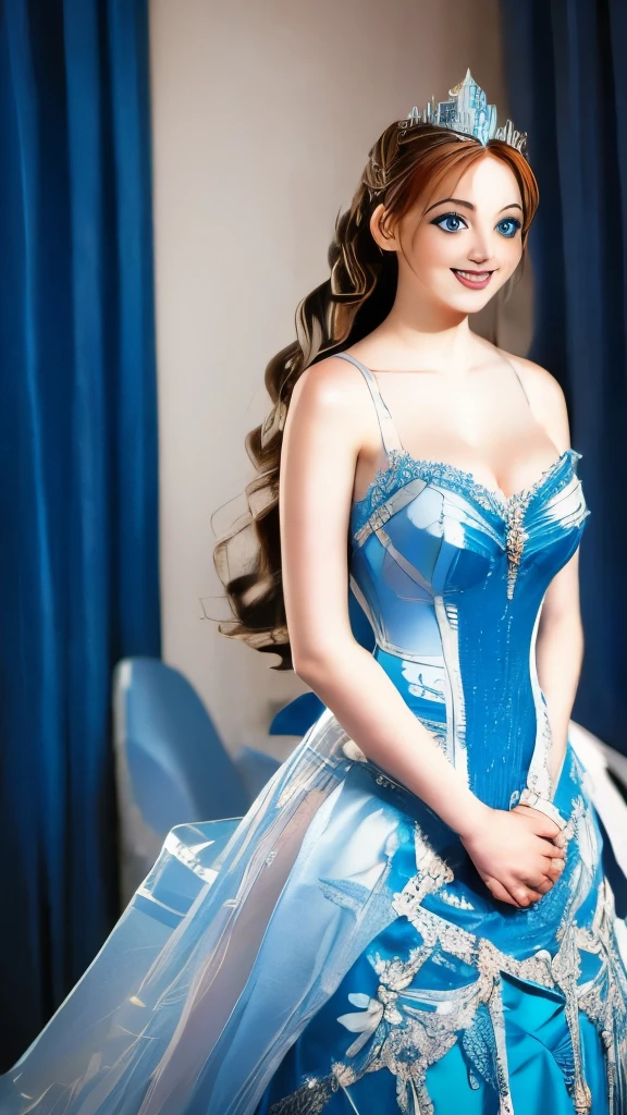 The princess stands before you, clad in an armor of ice that transfigures her into a true queen of the snowy realm. Each armor piece is a frozen masterpiece, crafted with painstaking precision. The shoulder pads exhibit ice spikes, acting as chiseled defenses that glisten with reflected shades of blue and white. Intricate designs of frosted crystals embellish every surface, presenting a mesmerizing display that seems to sway under the light. Translucent plates shield her chest, akin to living glass, reflecting and scattering light into a myriad of shimmering tones. Delicate ice pendants dangle from her armor, emitting a soft,