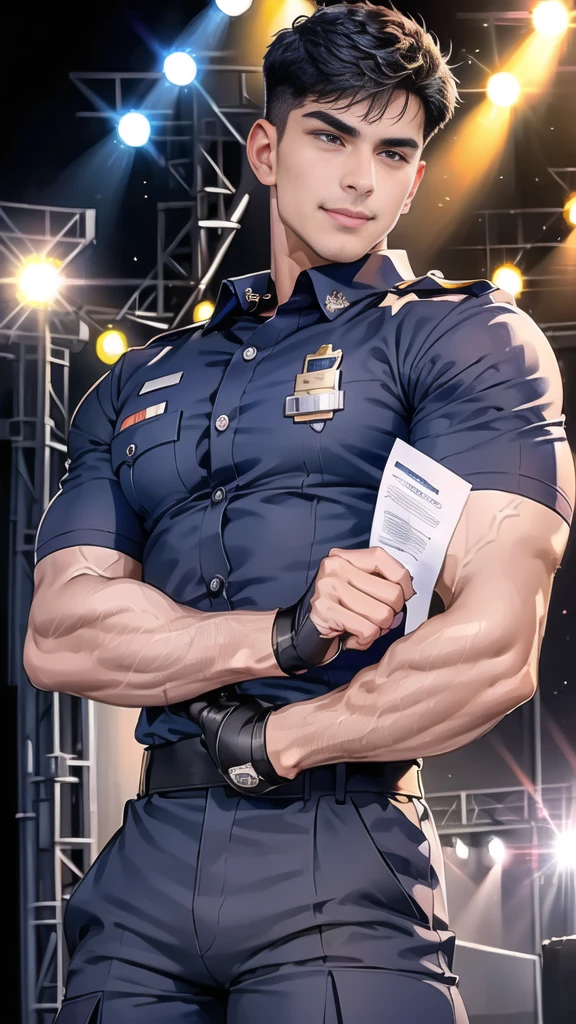 handsome man,(crew cut short hair:1.2),black eye,smile,
(navy police uniform:1.2),(shirt short sleeves:1.2),collar,(shirt covered over:1.2),(name tag and Police badge:1.2),(shirt no buttons:1.1),(black_gloves:1.3),
(Navy blue cargo:1.2),Korean guy,korean men,(High gloss details),chest muscles,large arm muscles,blood vessel,Big muscles,Broad shoulders,looking at the audience,Balancing the eyes,middle of the road,(stage:1.4),