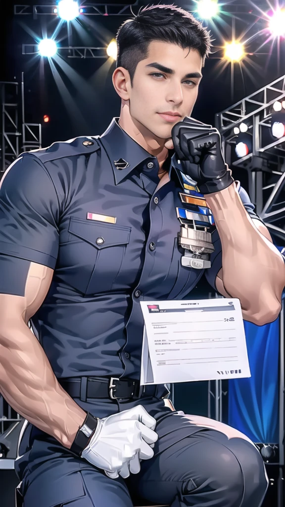 handsome man,(crew cut short hair:1.2),black eye,smile,
(navy police uniform:1.2),(shirt short sleeves:1.2),collar,(shirt covered over:1.2),(name tag and Police badge:1.2),(shirt no buttons:1.1),(black_gloves:1.3),
(Navy blue cargo:1.2),Korean guy,korean men,(High gloss details),chest muscles,large arm muscles,blood vessel,Big muscles,Broad shoulders,looking at the audience,Balancing the eyes,middle of the road,(stage:1.4),