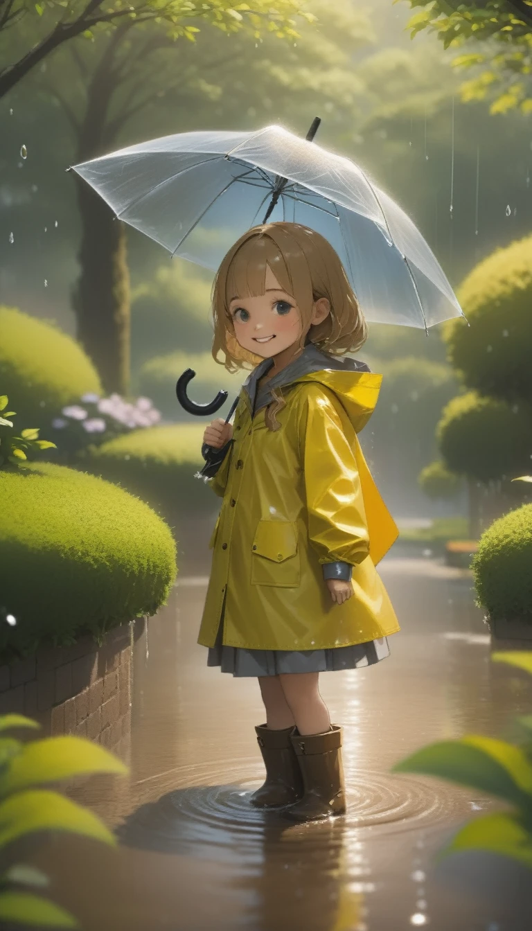 quality\(8K,非常に精細なCGユニットのwallpaper, masterpiece,High resolution,top-quality,top-quality real texture skin,Surreal,Increase the resolution,RAW Photos,最高quality,Very detailed,wallpaper\),BREAK、One Girl、5talent、、Innocent and cute face、smile、Wet day、Raincoat、Boots、Spinning an umbrella、長靴でpuddleの水をスパークさせている、garden、puddle、