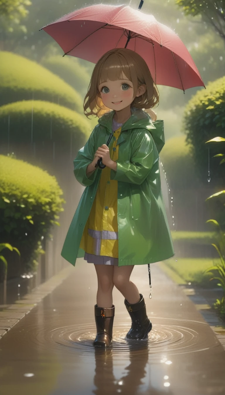 quality\(8K,非常に精細なCGユニットのwallpaper, masterpiece,High resolution,top-quality,top-quality real texture skin,Surreal,Increase the resolution,RAW Photos,最高quality,Very detailed,wallpaper\),BREAK、One Girl、5talent、、Innocent and cute face、smile、Wet day、Raincoat、Boots、Spinning an umbrella、長靴でpuddleの水をスパークさせている、garden、puddle、