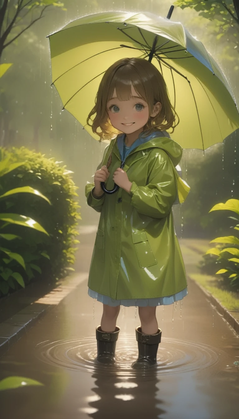 quality\(8K,非常に精細なCGユニットのwallpaper, masterpiece,High resolution,top-quality,top-quality real texture skin,Surreal,Increase the resolution,RAW Photos,最高quality,Very detailed,wallpaper\),BREAK、One Girl、5talent、Little Girl、Innocent and cute face、smile、Wet day、Raincoat、Boots、Spinning an umbrella、長靴でpuddleの水をスパークさせている、garden、puddle、