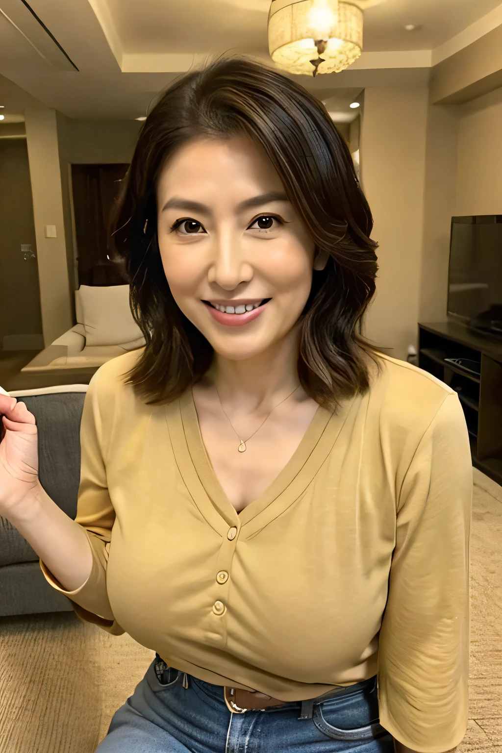 8K, high quality, Realistic Photographic Images, 40 years old, Japanese women, Pure girl, Large Breasts, Narrow waist, ((Sexy and cute wife)), Natural and realistic eyes, Beautiful black hair, light makeup,, Golden ratio composition, Disheveled casual clothes, beige, Western-style living room,, Characteristics of a Pure Japanese Person, Full body photo, smile