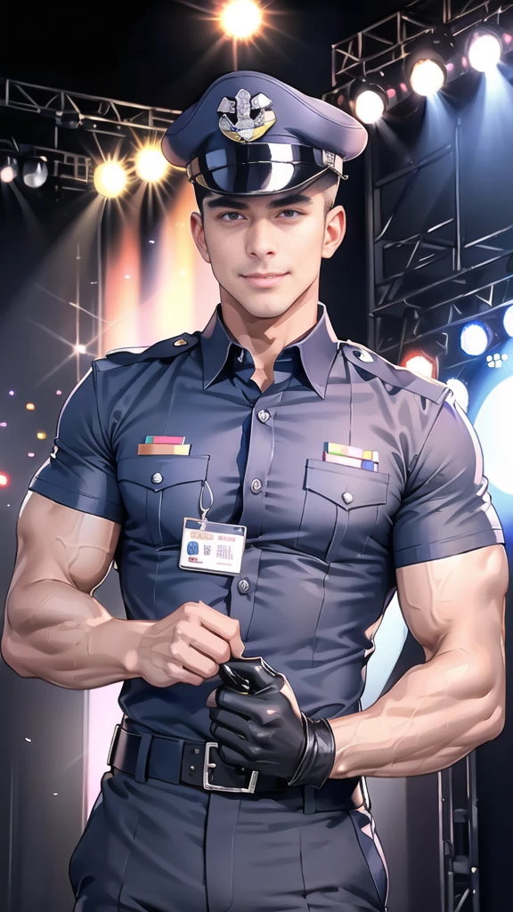 handsome man,(crew cut short hair:1.2),black eye,smile,
(navy police uniform:1.2),(shirt short sleeves:1.2),collar,(shirt covered over:1.2),(name tag and Police badge:1.2),(shirt no buttons:1.1),(black_gloves:1.3),
(Navy blue cargo:1.2),Korean guy,korean men,(High gloss details),chest muscles,large arm muscles,blood vessel,Big muscles,Broad shoulders,looking at the audience,Balancing the eyes,middle of the road,(stage:1.4),