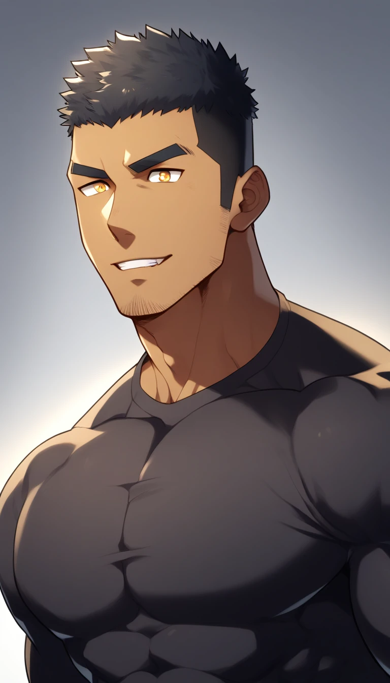 anime characters:Gyee, Muscle Sports Student, negro black skin, 1 dark skin muscular tough guy, Manliness, male focus, Light yellow high collar long sleeve tight T-shirt, Slightly transparent material, Very tight, Round, full and perky chest muscles, Slightly transparent, muscular male, muscular, only, Upper body, alone, Black short hair, Thick eyebrows, stubble, Yellow eyes, Grey background, simple background, amazing quality, best aesthetics, Ridiculous, bright pupils, crew cut, parted lips, seductive smile, torogao, naughty face, drop shadow, best quality
