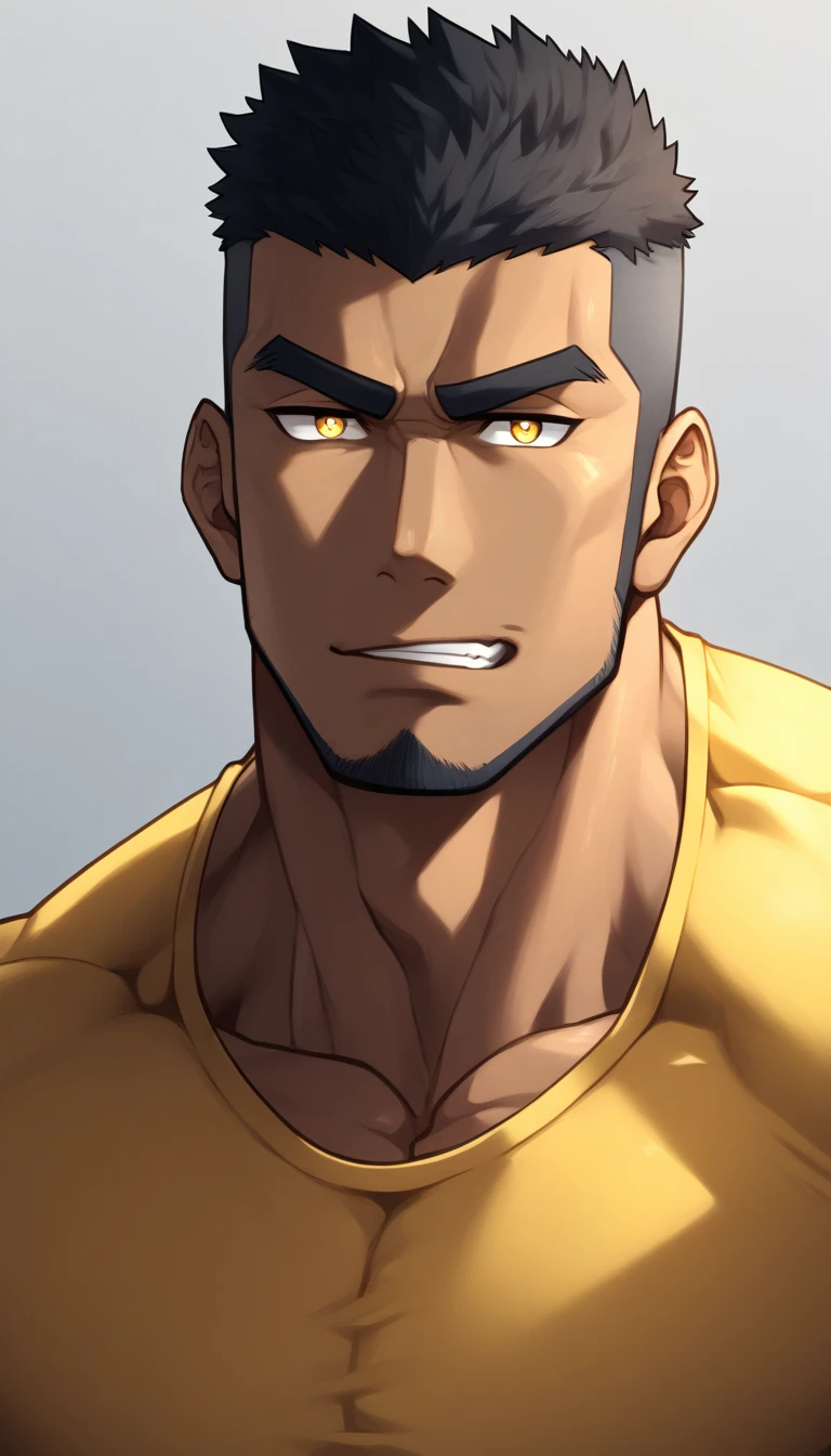 anime characters:Gyee, Muscle Sports Student, negro black skin, 1 dark skin muscular tough guy, Manliness, male focus, Light yellow high collar long sleeve tight T-shirt, Slightly transparent material, Very tight, Round, full and perky chest muscles, Slightly transparent, muscular male, muscular, only, Upper body, alone, Black short hair, Thick eyebrows, stubble, Yellow eyes, Grey background, simple background, amazing quality, best aesthetics, Ridiculous, bright pupils, crew cut, parted lips, seductive smile, torogao, naughty face, drop shadow, best quality