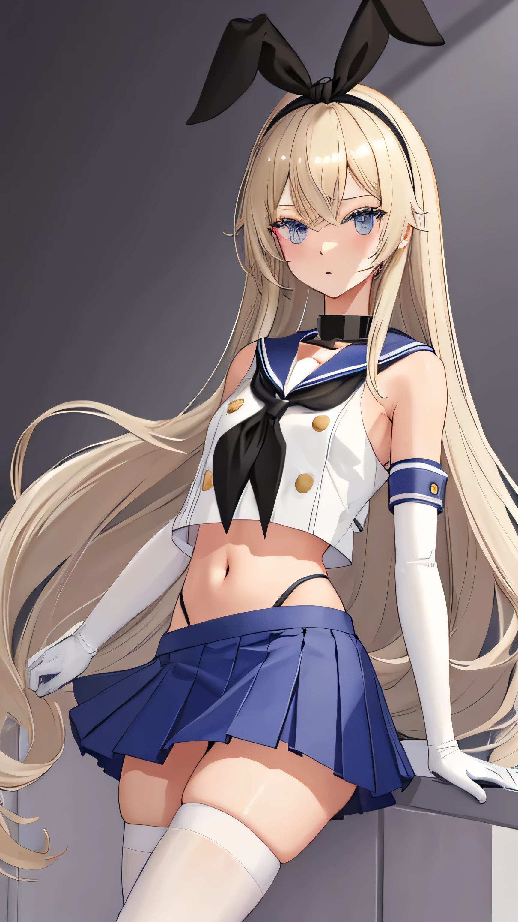 skancolle, grey_eyes, hairband, blonde_hair, serafuku, neckerchief, crop_top, gloves, elbow_gloves, white_gloves, navel, blue_skirt, thighhighs, striped, striped_thighhighs, best_quality, masterpiece, high_res, solo, portrait, looking_at_viewer, mature, very_long_hair