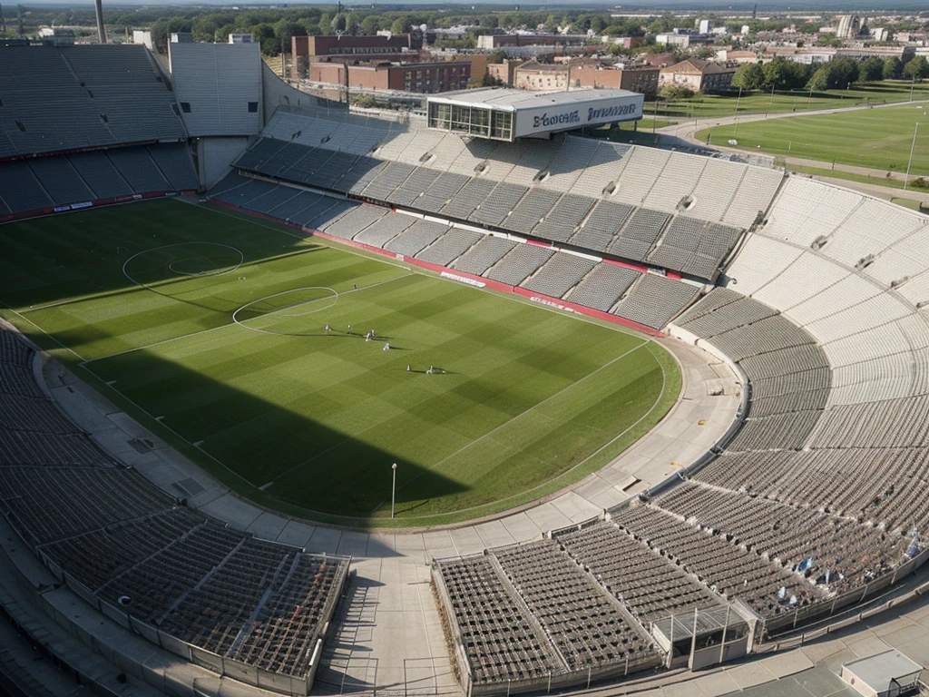 ((beste Qualität)), Soccer, Stadium, Red-White Club, Empty stadium, Bird's eye view, Full stadium roof, 19,000 seat-only stadium, Green meadow outside the stadium, Romania Landscape