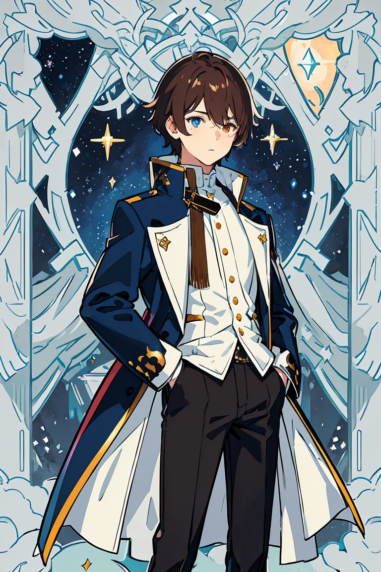 masterpiece, best quality, CG, wallpaper, HDR, high quality, high-definition, extremely detailed, 1boy, young, brown hair, blue coat, heterochromia, blue and purple eyes, white shirt, black pants, starry sky, snow peaks, causal clothes, horizon, twilight, sitting on doorstep, hands in pockets, cute