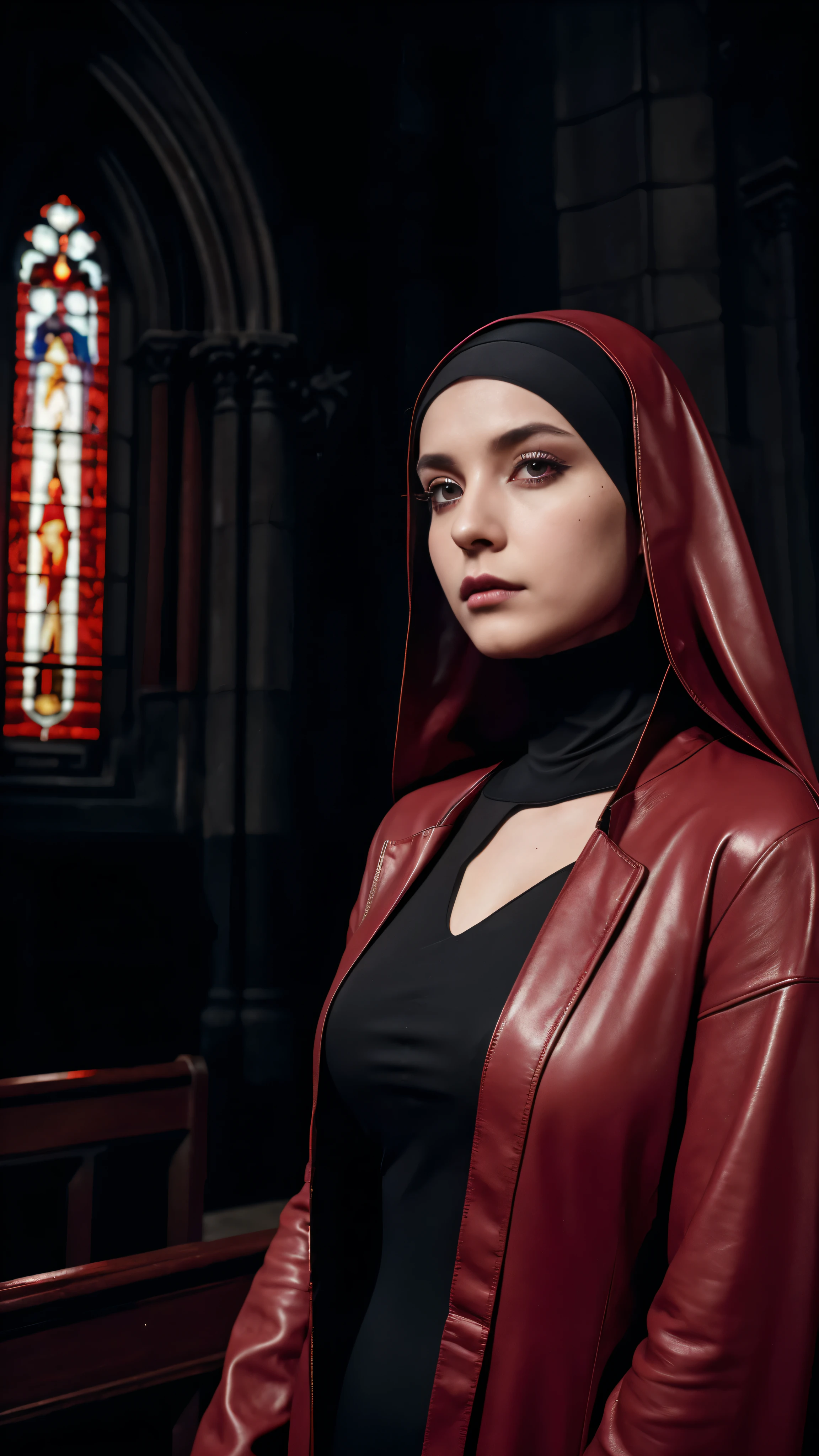 with high definition images，(Gothic Nun)、1990s、Surreal Makeup、Red leather outfit inside a gothic church at night、Neon Light、very dark、Horror、Red tint、High detail、Ultra-realistic、SonyA7III、Cinematic lighting、film、Grain、UHD Face、Volumetric Shadows、Extremely detailed、