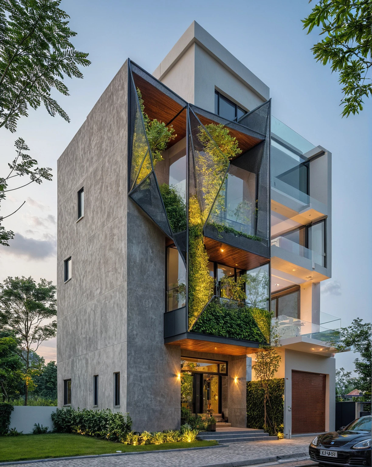 Masterpiece, high quality, best quality, authentic, super detailed, outdoor, 4-storey townhouse, aiaigroup, modern house style on the street, stairs, gray wall, facade perforated aluminum panels bronze color, led light, road, sidewalk, grass, trees, sky, clouds, (daylight: 1.1)