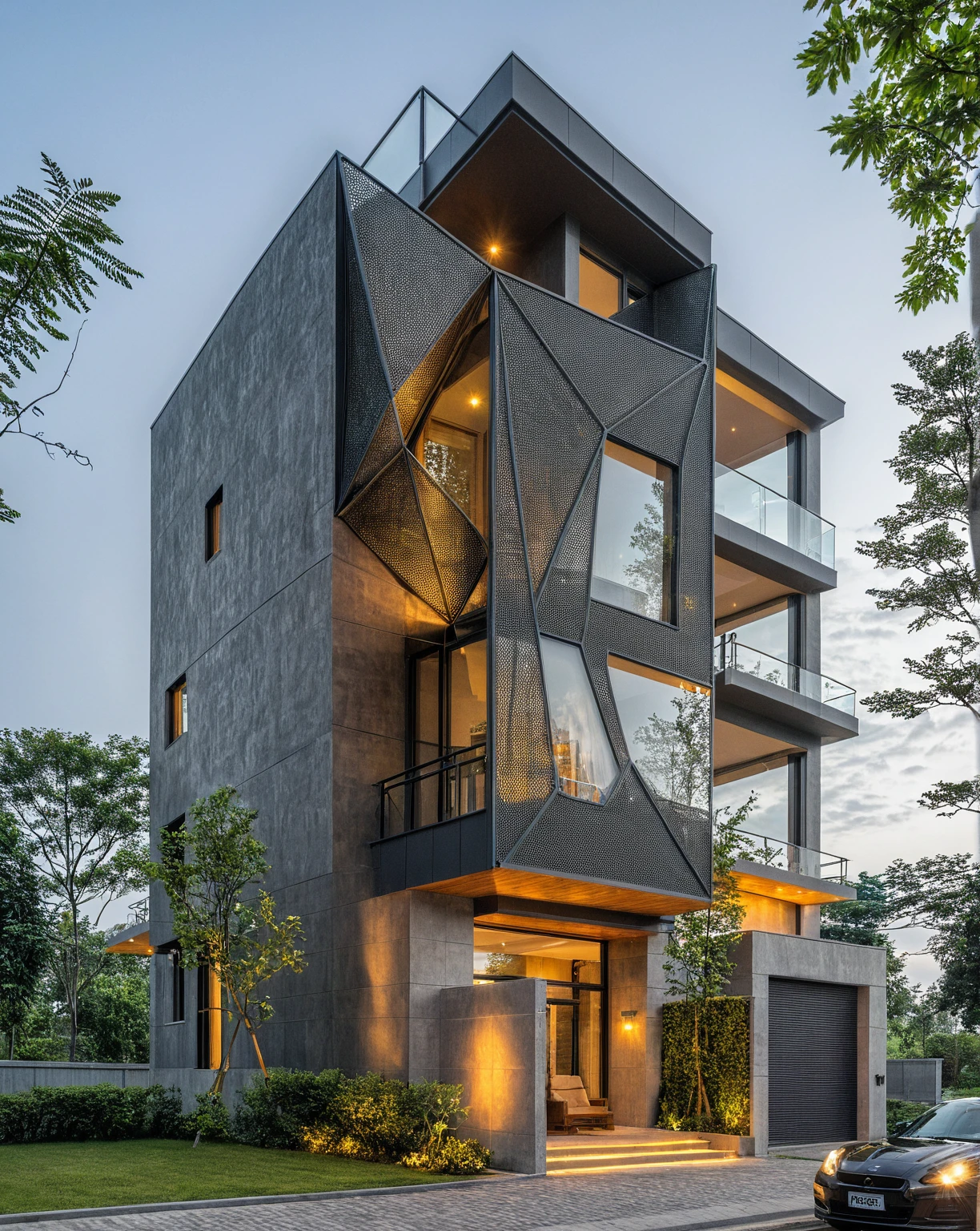 Masterpiece, high quality, best quality, authentic, super detailed, outdoor, 4-storey townhouse, aiaigroup, modern house style on the street, stairs, gray wall, facade perforated aluminum panels bronze color, led light, road, sidewalk, grass, trees, sky, clouds, (daylight: 1.1)