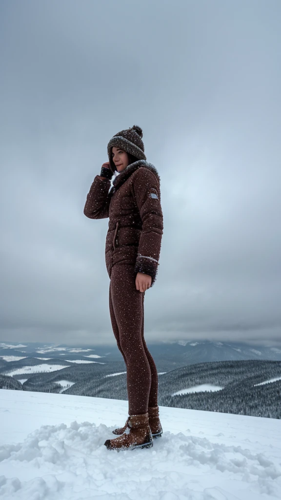 By bebebebebe, by lostgoose, by goonie-san, thin 20 foot tall humanoid creature, standing on a snowy plateau, on a snow-covered a siberian mountain, big booty, overcast, moody, horror