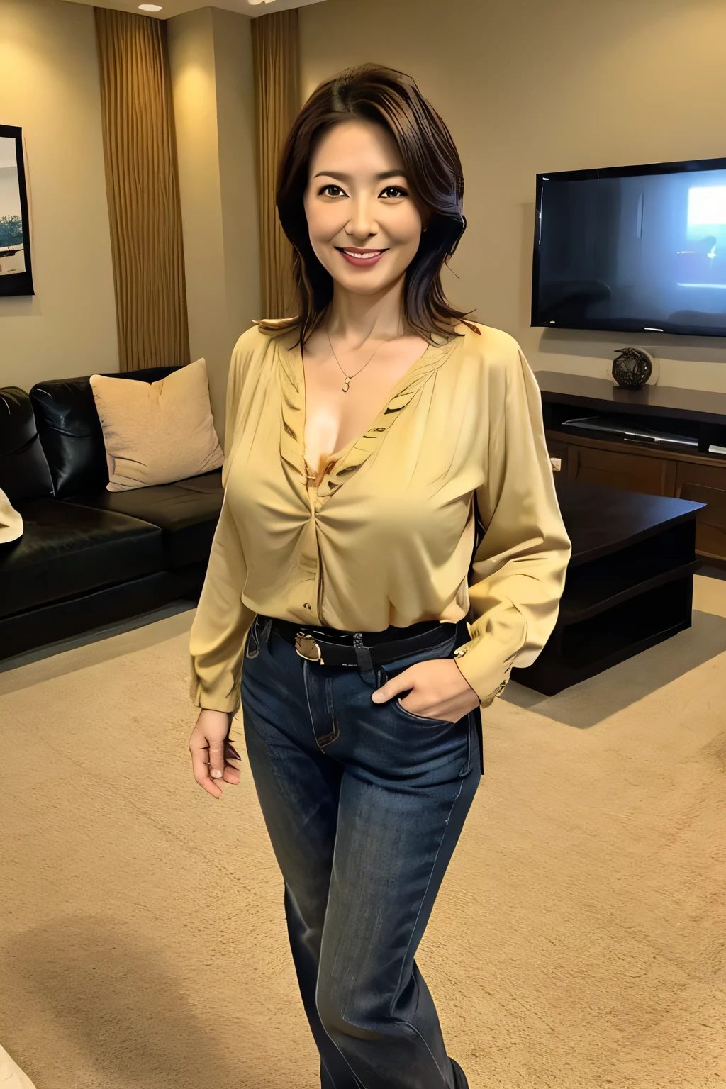 8K, high quality, Realistic Photographic Images, 40 years old, Japanese women, Pure girl, Large Breasts, Narrow waist, ((Sexy and cute wife)), Natural and realistic eyes, Beautiful black hair, light makeup,, Golden ratio composition, Disheveled casual clothes, beige, Western-style living room,, Characteristics of a Pure Japanese Person, , smile
