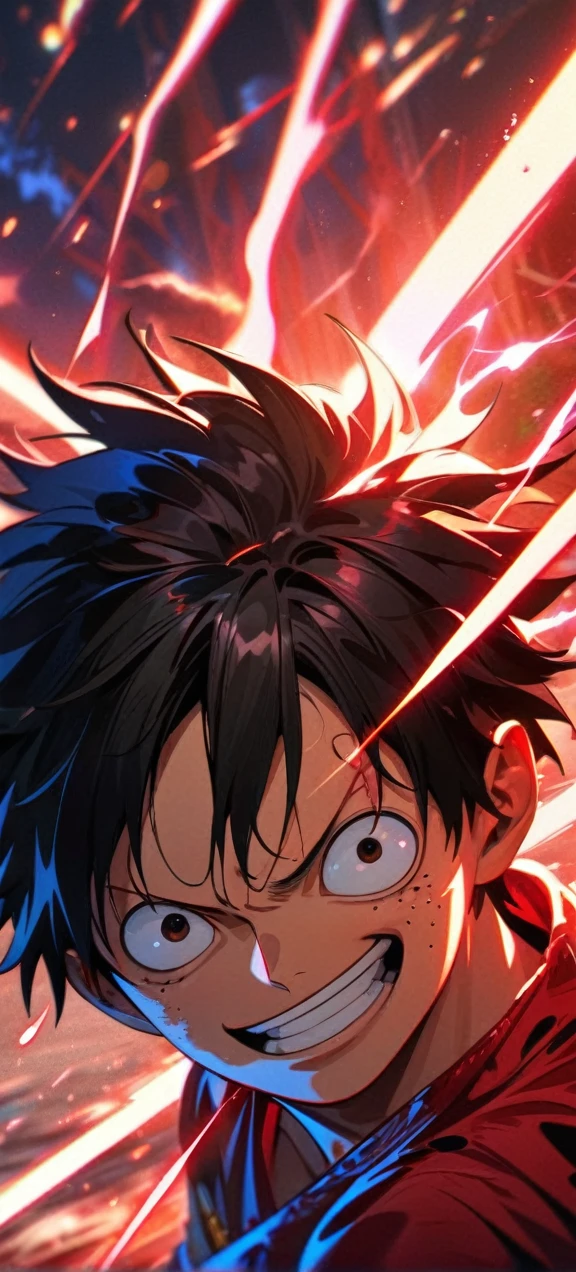  High quality, ,absurdres, highres, ultra detailed, HDR, masterpiece, extremely detailed face and eyes,  Luffy , One Piece,, Black hair ,red shirt, solo, ,man, handsome, red splashing effect,red lightning  effect,glowing glitters , full effect, symetrical , close up