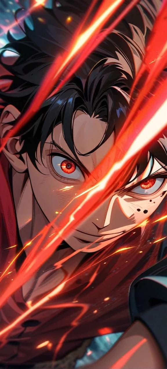  High quality, ,absurdres, highres, ultra detailed, HDR, masterpiece, extremely detailed face and eyes,  Luffy , One Piece,, Black hair ,red shirt, solo, ,man, handsome, red splashing effect,red lightning  effect,glowing glitters , full effect, symetrical , close up