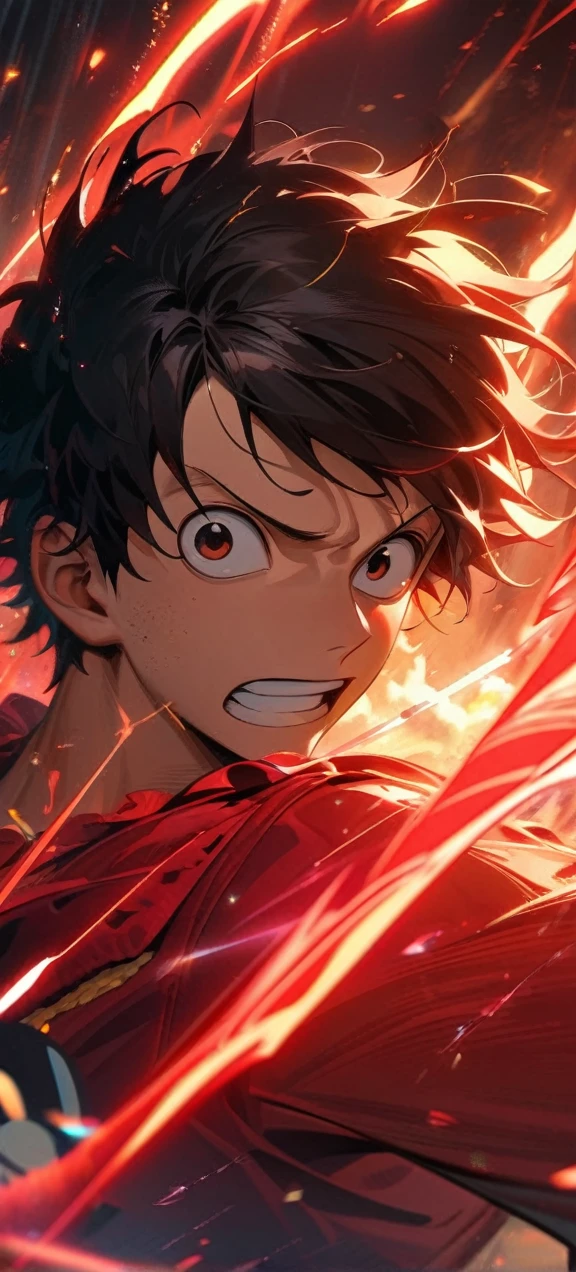 High quality, ,absurdres, highres, ultra detailed, HDR, masterpiece, extremely detailed face and eyes, Luffy , One Piece,, Black hair ,red shirt, solo, ,man, handsome, red splashing effect,red lightning effect,glowing glitters , full effect, symetrical , close up